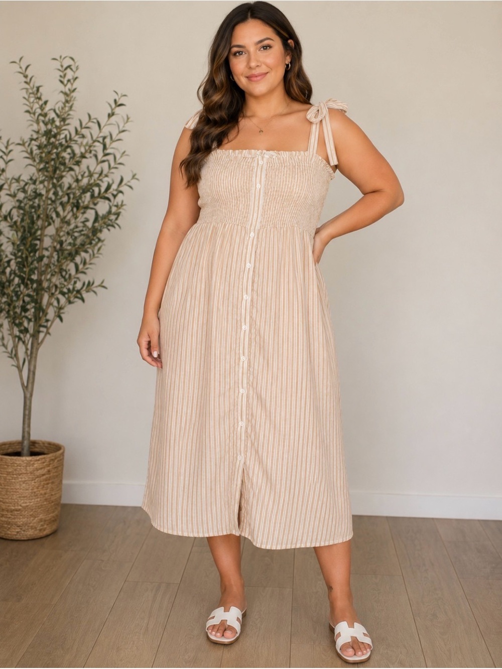 Sky and Sparrow Beige Striped Tie-Shoulder Midi Dress